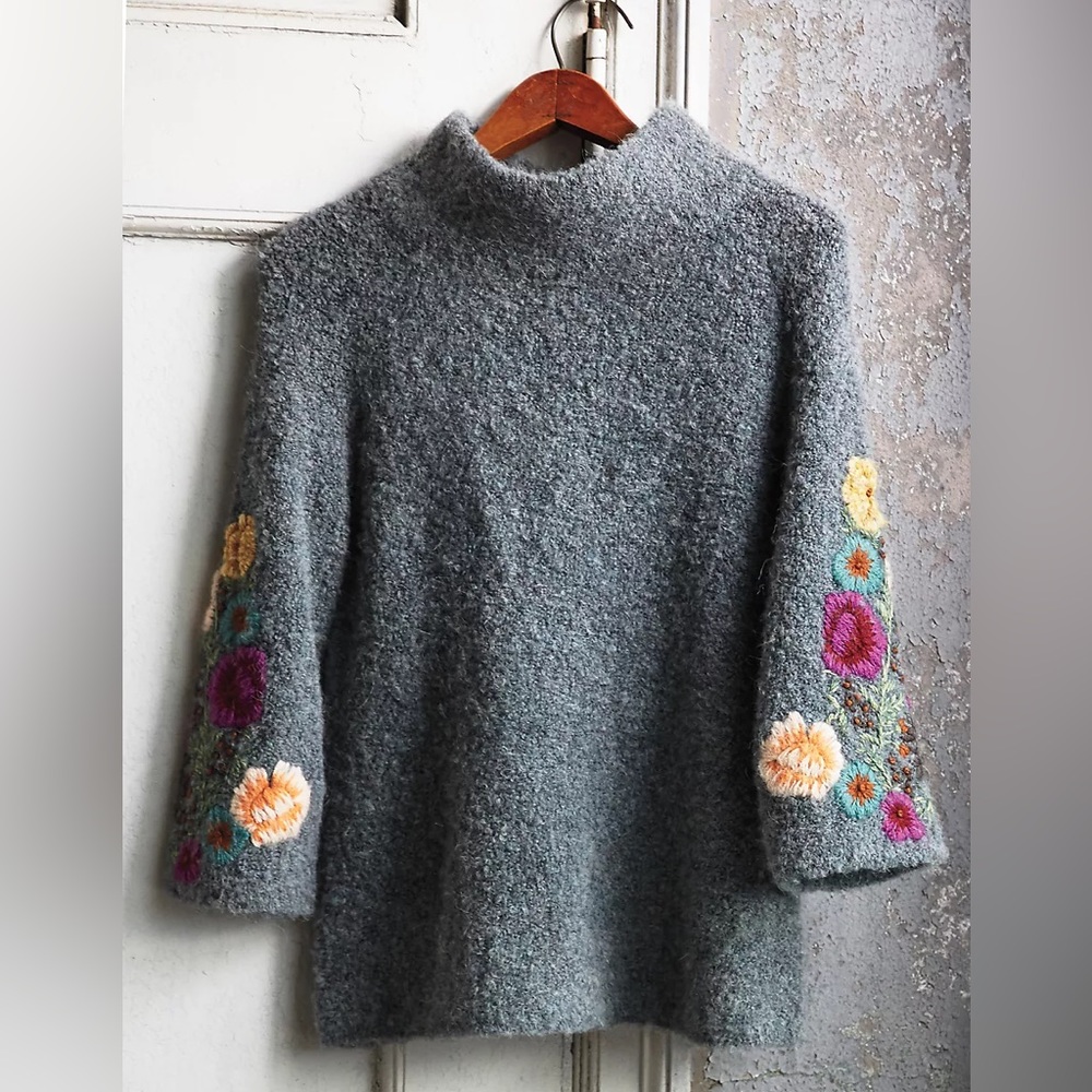 Anthro Sleeping on Snow Wool Mohair  Alpaca Blend Floral Embroidered Sweater - Picture 8 of 16